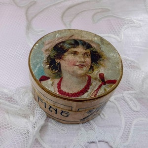 Antique small wooden box for hygienic rubber sponges, early 1900&#39;s, black hair lady with red coral necklace, Victorian era vanity box