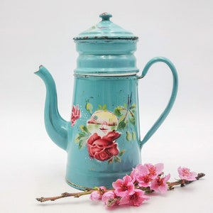 Antique enamel French Coffee pot, teal blue and airbrushed roses & landscape, Japy Enameled coffee biggin, Antique enameled coffee pot