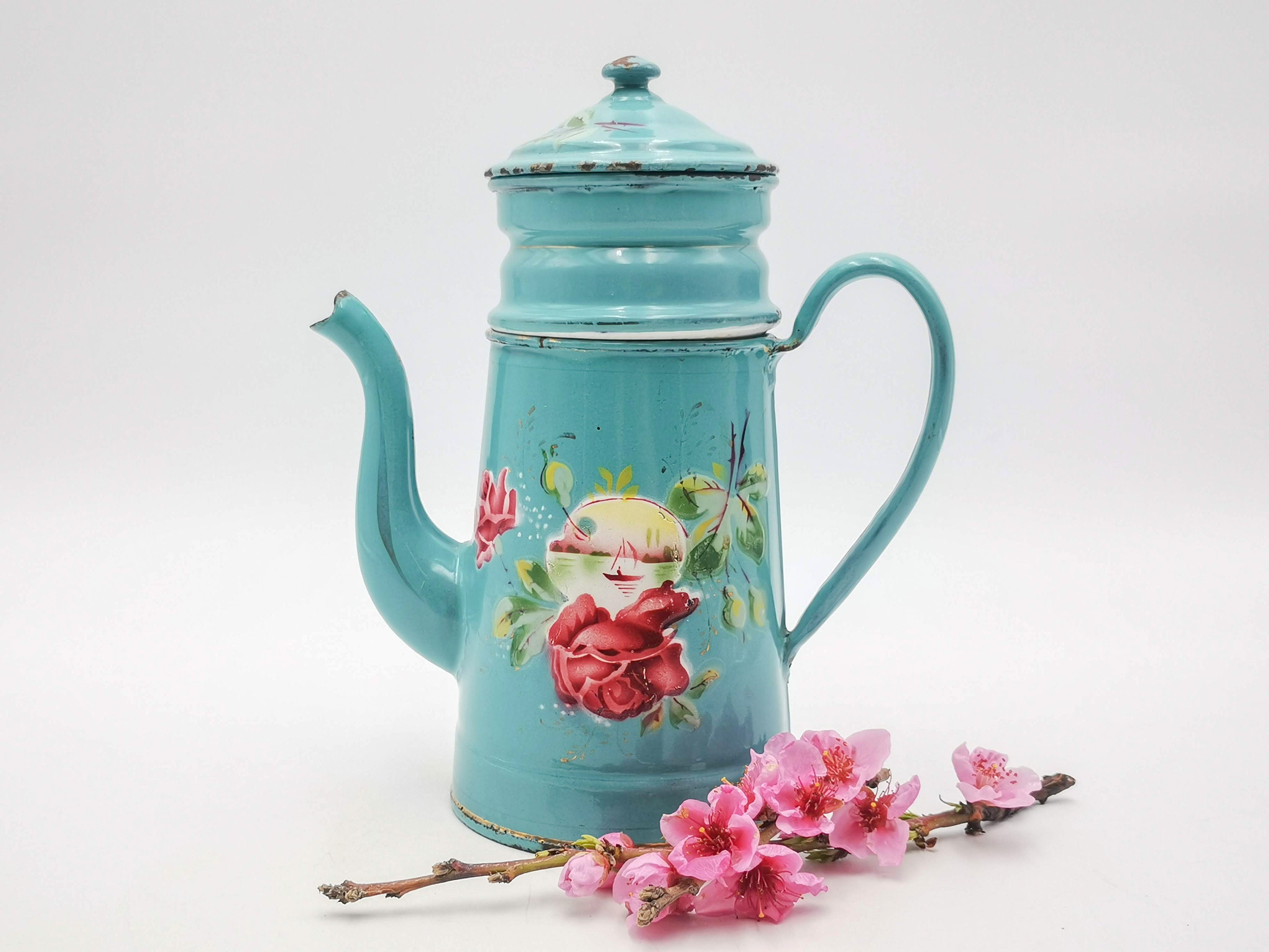 Antique Enamel French Coffee Pot, Teal Blue and Airbrushed