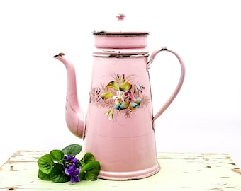 Enamel French Pink COFFEE Pot hand painted violets, antique pink enamelware Japy? coffee biggin, rare pink enamel coffee pot with violets