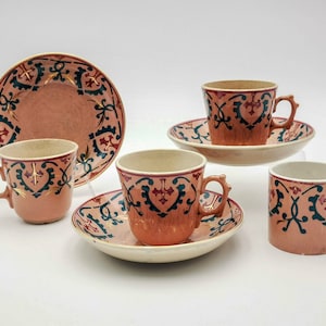 Antique French ironstone coffee cups & saucers, blush pink and stenciled decor in oriental style, cups and saucers signed Sarreguemines