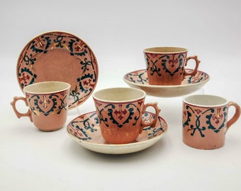 Antique French ironstone coffee cups & saucers, blush pink and stenciled decor in oriental style, cups and saucers signed Sarreguemines