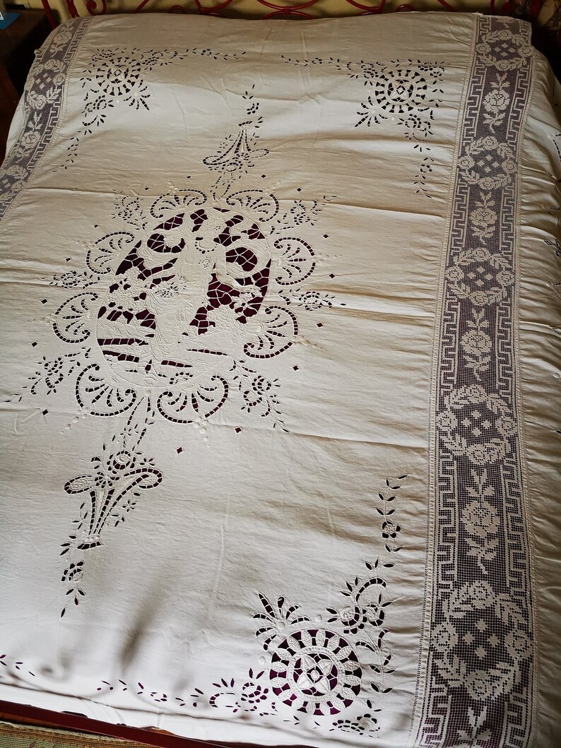 Antique French White Linen Bedspread Hand Embroidered Etsy
