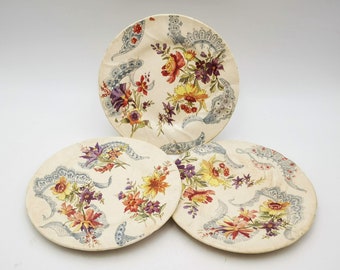 Antique French ceramic plates, set of 3 earthenware plates for dessert, transfer decor of multicolor flowers, Sarreguemines Lavalliere