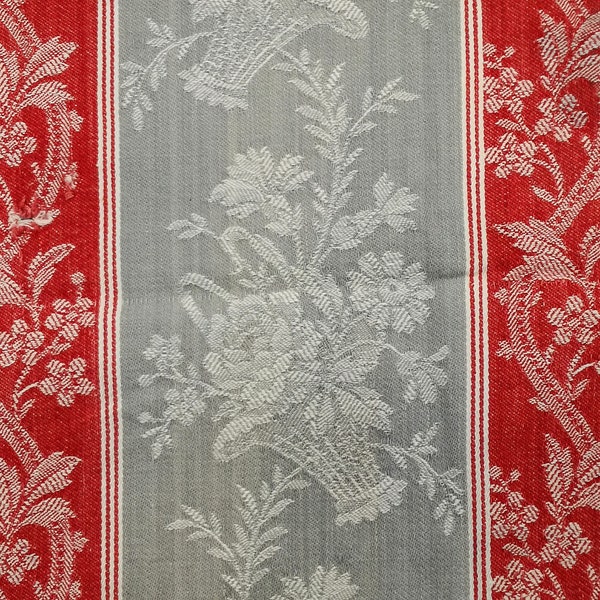 Antique French mattress ticking fabric red & grey Napoleon III era jacquard textile, toile matelas ancienne, roses baskets, perfect for Xmas