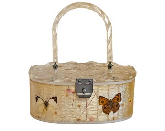 Monedero vintage de lucite de los años 50: flores secas y mariposas