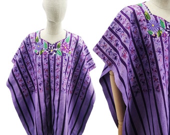 Vintage huipil blouse from Guatemala, hand woven & hand embroidered huipil, purple color huipil with floral embroidery and stylized birds