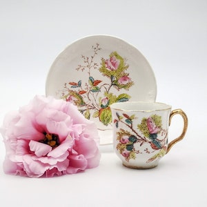 Antique French ceramic cup & saucer, earthenware cup for coffee with pink moss roses, gilded handle, antique cup signed Digoin Sarreguemines