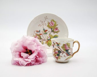 Antique French ceramic cup & saucer, earthenware cup for coffee with pink moss roses, gilded handle, antique cup signed Digoin Sarreguemines