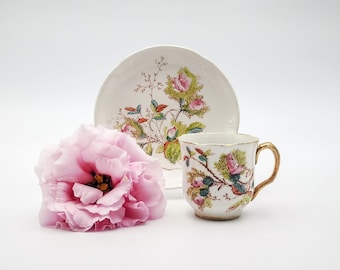 Antieke Franse keramische kop en schotel, roze mosrozen, Digoin Sarreguemines