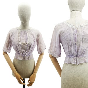 Antique French blouse, Edwardian era blouse, pale lavender batiste blouse with lace inserts, women blouse dating early 1900&#39;s