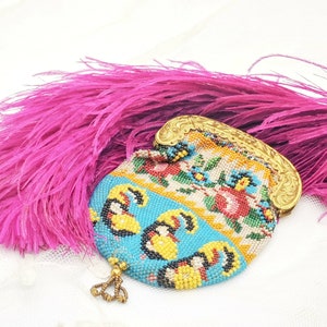 Antique purse or coin purse- evening bag, micro glass beaded bag, beadwork design with roses and pasley, embossed brass frame, dating 1800's