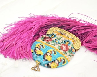 Antique Beaded Coin Purse – 1800s Evening Bag with Embossed Brass Frame