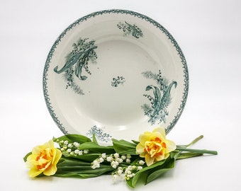 Antique French Earthenware Plate - Saint Amand Lily of the Valley Green Transferware