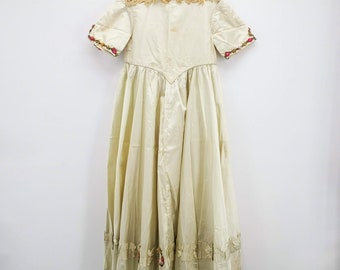 Antique Italian Silk Satin Gown, Ribbon Rosettes, Victorian Girl's Dress (ca 1840)