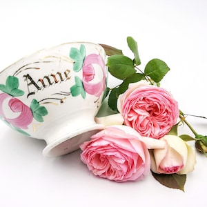 Antique French cafè au lait bowl, gilded  written Anne, hand painted pink roses, vintage french bowl, collectable bowl signed K G Luneville