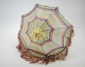 Antique French silk parasol, checkered silk in mauve & grey, carved and folding handle, Victorian era parasol umbrella for young girl