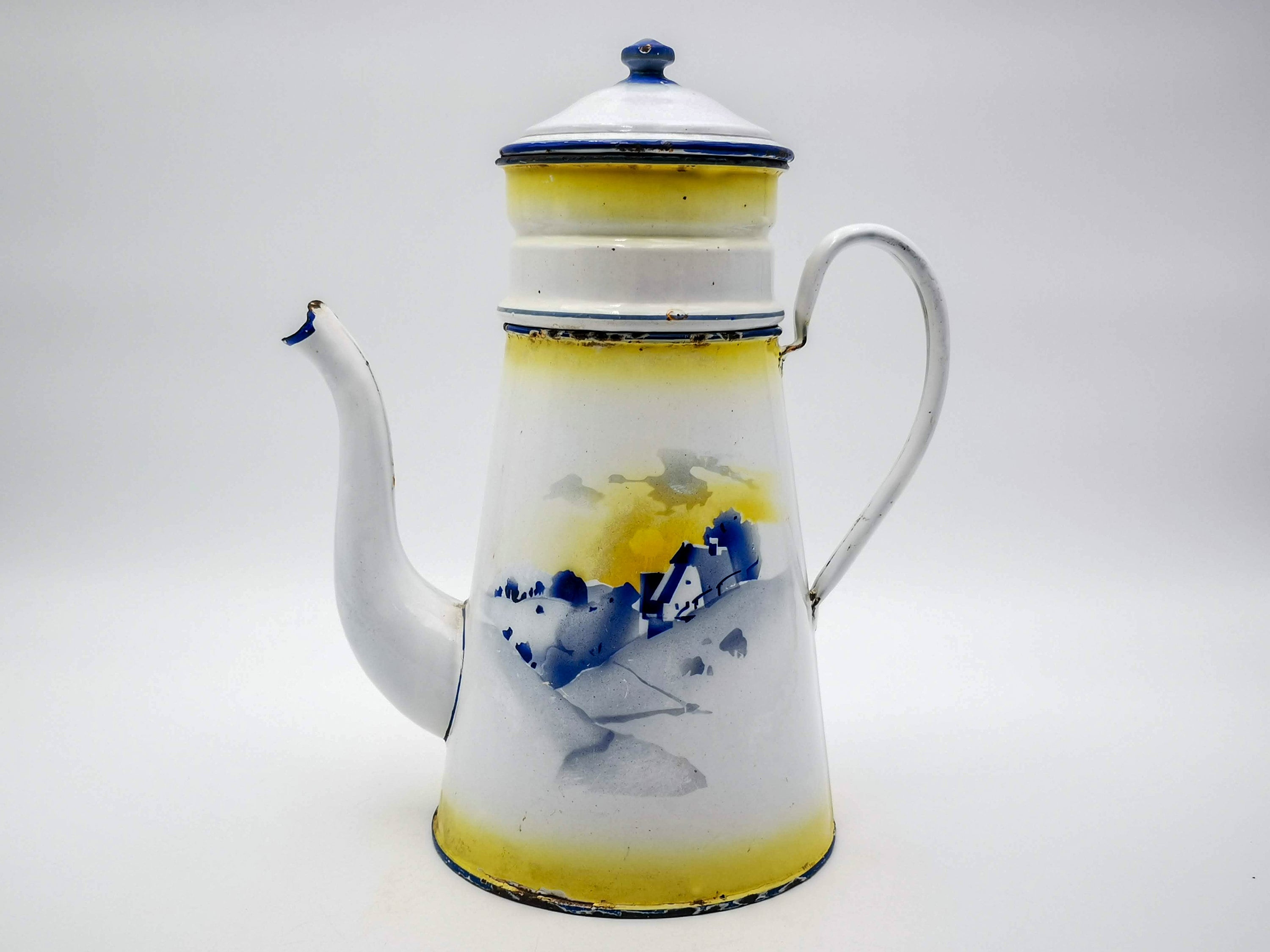 Antique French Enamel Coffee Biggin, Japy, Mountain Landscape