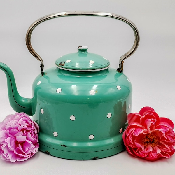 Antique French enamel  kettle, enameled large teapot, jade green & white polka dots, Emaillerie Patemail, Gosselies, large enameled kettle