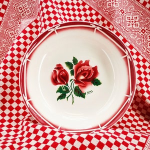 Peut inclure: Bol en céramique blanche avec un bord rouge et un motif floral de deux roses rouges avec des feuilles vertes. Le bol est sur une nappe à carreaux rouge et blanc.
