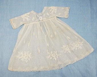 Antique French dress for baby, Edwardian era baby gown, tulle net, hand embroidered roses & ribbon bows garlands, antique French baby gown