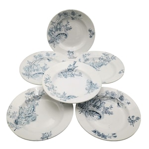 Antique French Soup Plates Set of 6 by Saint Amand Terre de Fer Blue Transferware Birds Flowers 1900s Ornate Ceramic Bowls Decor