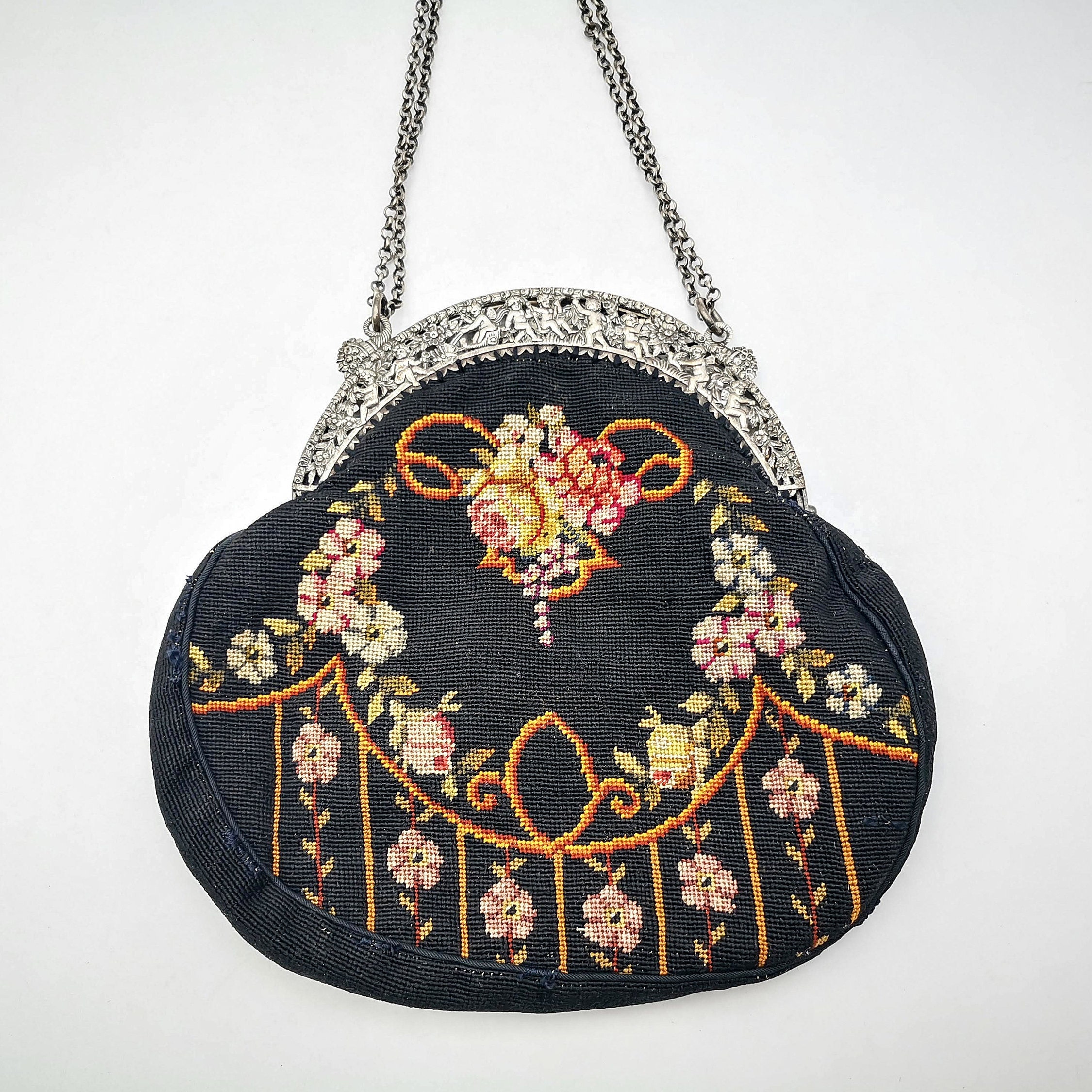 Antique petit point purse evening bag black color & roses | Etsy