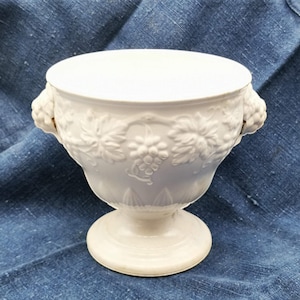 Antique French sugar bowl Creil Montereau white faience grape relief urn shaped porcelain jar 19th century without lid