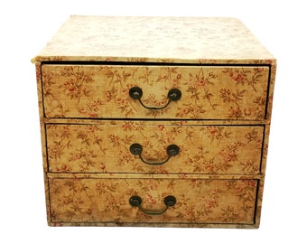 Antique French cabinet for haberdashery, large box with drawers covered with floral fabric, roses motif