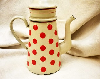 Enameled COFFEE BIGGIN Red Polka DOTS, Enameled coffee pot, Antique enameled coffee pot, Polka dot coffee biggin, French enamel coffee pot