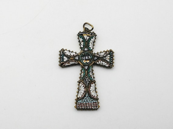 Antique Italian micro mosaic cross pendant, vinta… - image 8