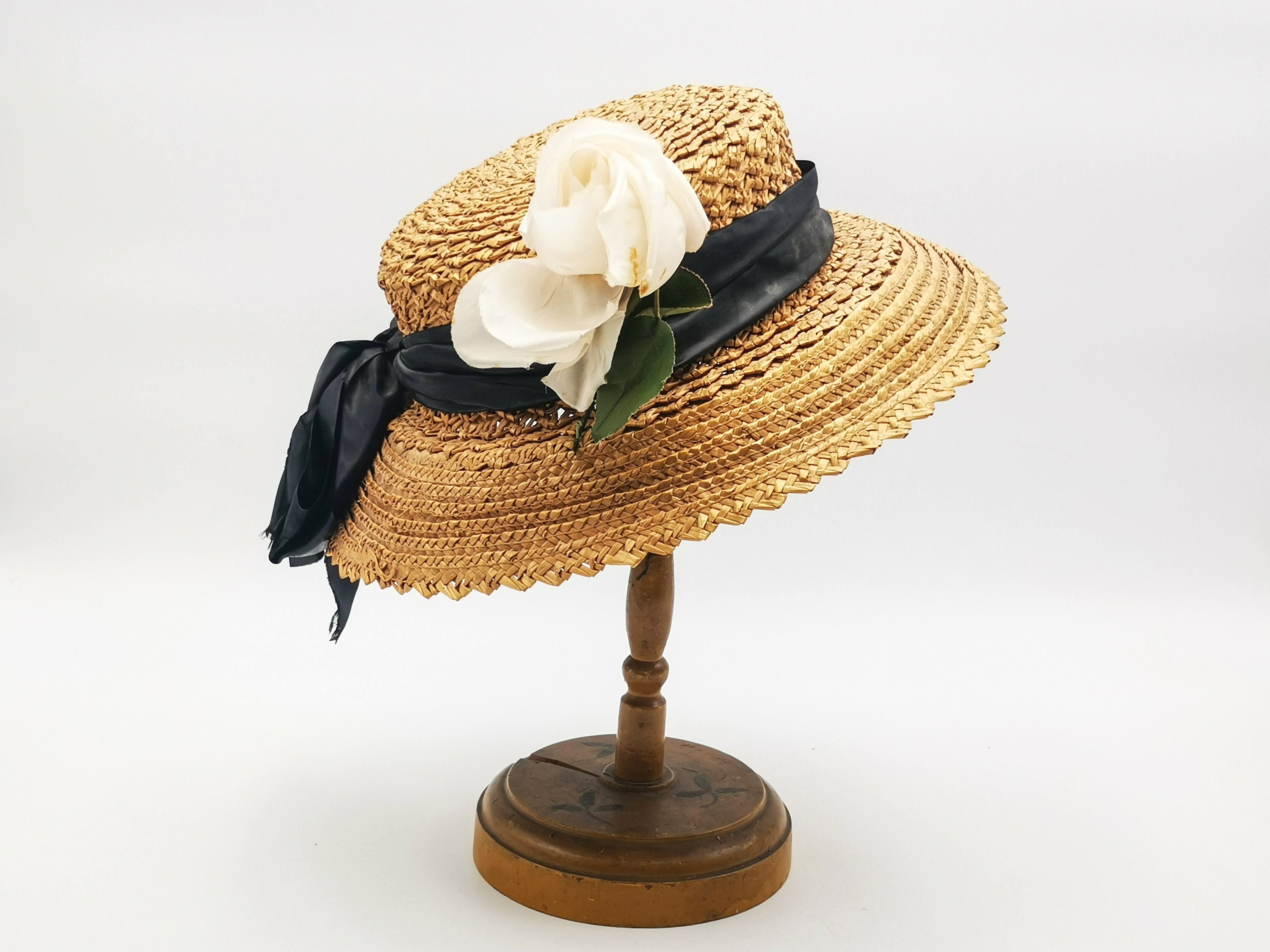 Color Stitch Straw Boater with Veiling Detail