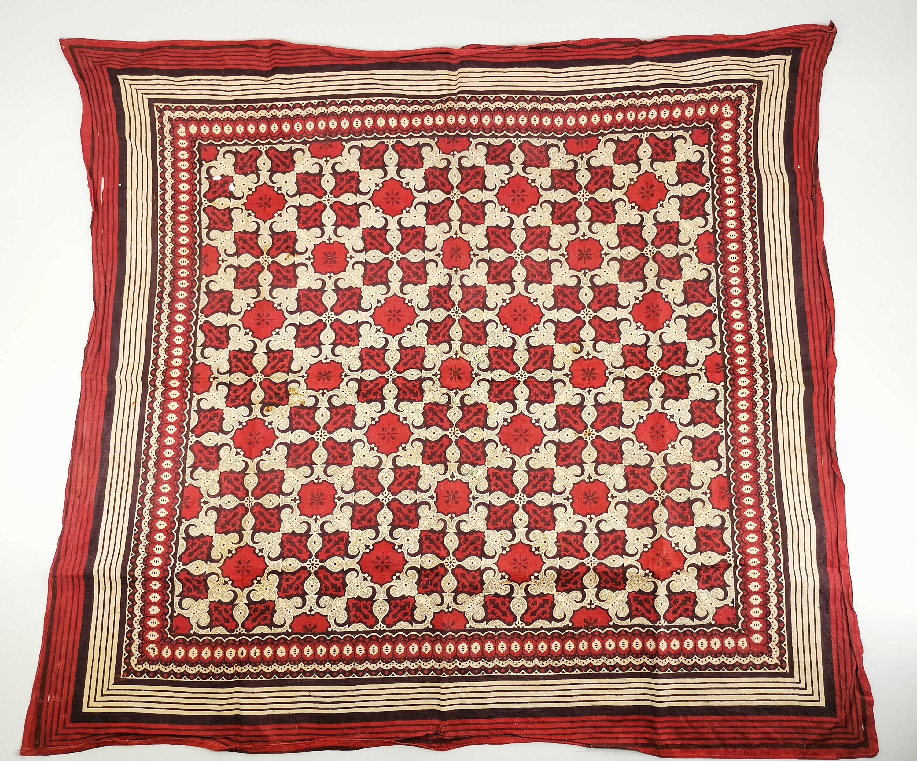 Antique French Cotton Head Scarf, Block Printed Collectible Square