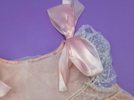 Antique French baby girl dress, pink silk and tul… - image 5