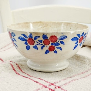 Antique French cafè au lait bowl, stenciled & hand painted fruits in red and blue, signed HBCM, tea stained vintage french ceramic bowl