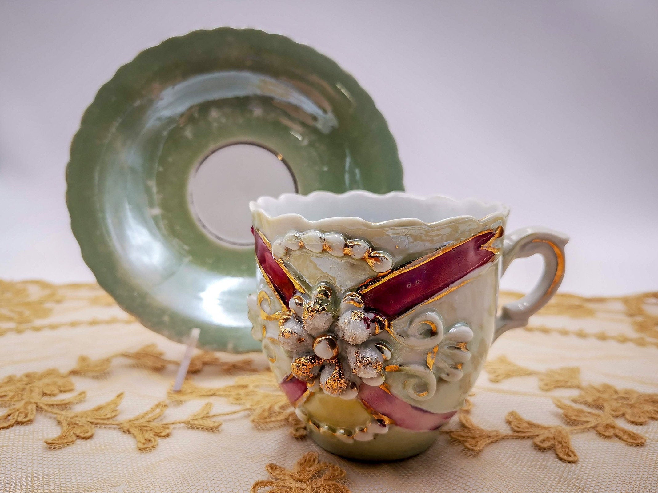 Antique Art Nouveau Tea Cup and Saucer, Pearled Porcelain, Raised