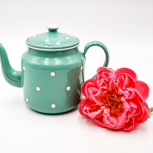 Antique French enamel teapot, enameled teapot, jade green & white polka dots, Emaillerie Patemail Gosselies, antique enamel teapot with dots