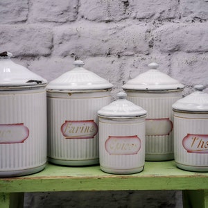 Antique enamel spice pots set, French antique enamelware, Antique enamel kitchen canisters set, set of 5 white pots with pink labels