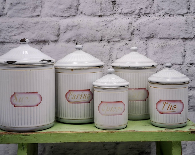 Antique French Enamelware Canister Set, 1920s White Spice Pots - Etsy