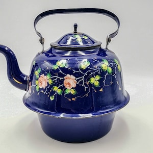 Antique French enamel large kettle, enamel large teapot, cobalt blue tea pot with hand painted pink roses, antique enamel kettle late 1800&#39;s