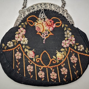 Antique petit point purse - evening bag, black color & roses, embossed metal frame with puttis, vintage Edwardian era petit point purse