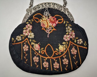 Antique petit point purse - evening bag, black color & roses, embossed metal frame with puttis, vintage Edwardian era petit point purse