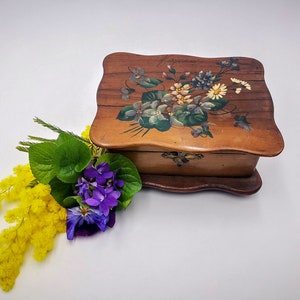 Antique FRENCH olive wood Box, antique Souvenir box, hand painted with daisies,violets & cornflowers olive wood souvenir box early 1900