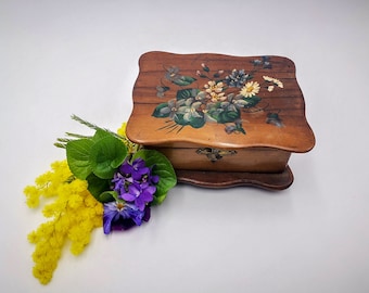 Antique French Olive Wood Souvenir Box, Hand Painted Floral Decor