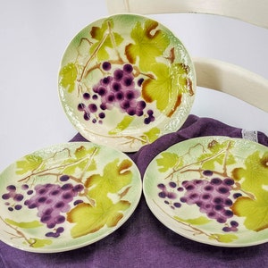 Vintage French majolica plate, raised design of grapes, signed Saint Clement, vintage French BARBOTINE wall decor Plate, collectable plate