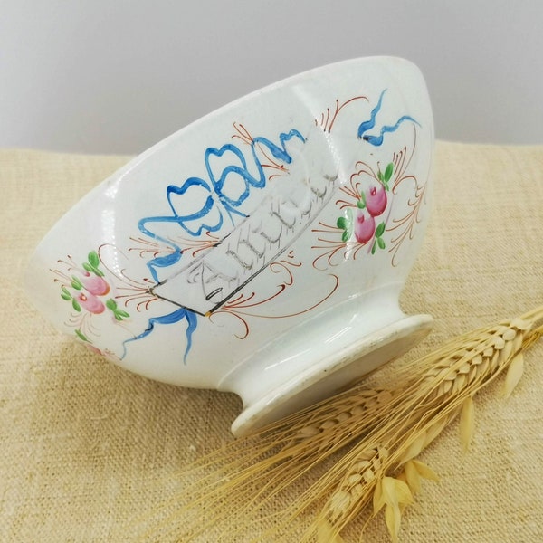 Antique French cafè au lait bowl, gilded written Amitié, hand painted pink roses & blue ribbon, vintage french bowl, collectable French bowl