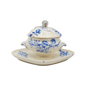 Antieke Franse keramische mosterdpot | Terre de Fer met blauw bloemdessin | Grand Depot Bourgeois