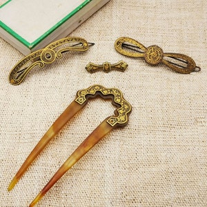 Antique Toledo damascene jewelry set, instant collection of damascene jewelry, hair clips, brooch and hair fork, Spanish Toledo jewelry