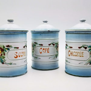 Enameled French Kitchen canisters set 3 pots, enameled spice pots set Japy, pansies decor antique  french enamelware, vintage kitchenalia