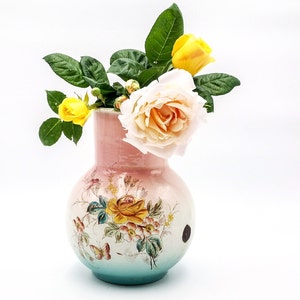 Antique French enamel water pitcher, pink and green shades, roses & butterflies decor, Antique enamel pitcher, French enameled pitcher